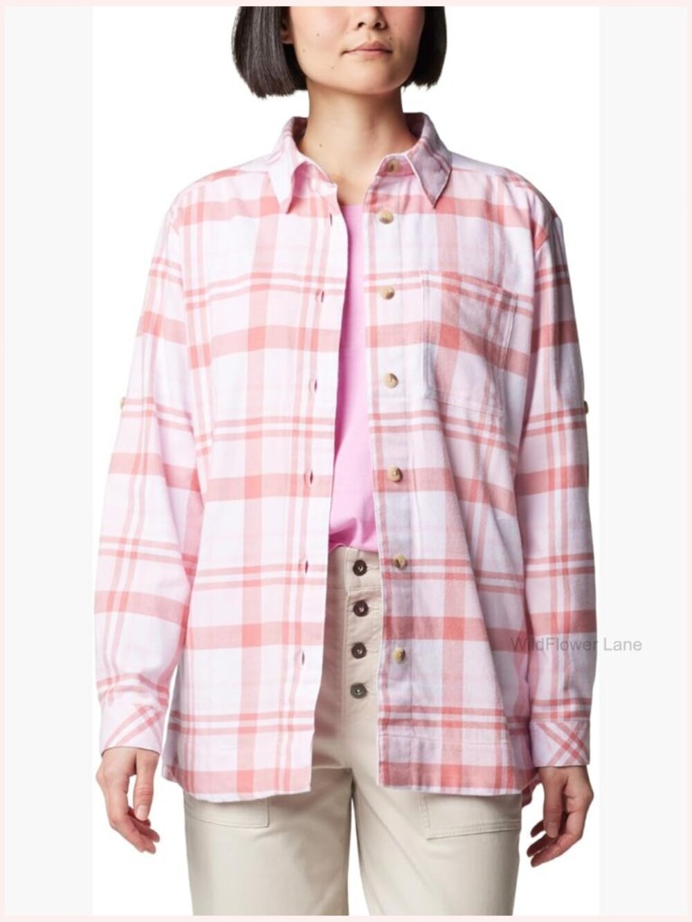 Flannel Button-Down Shirt with Chest Pocket and Roll-Up Sleeves